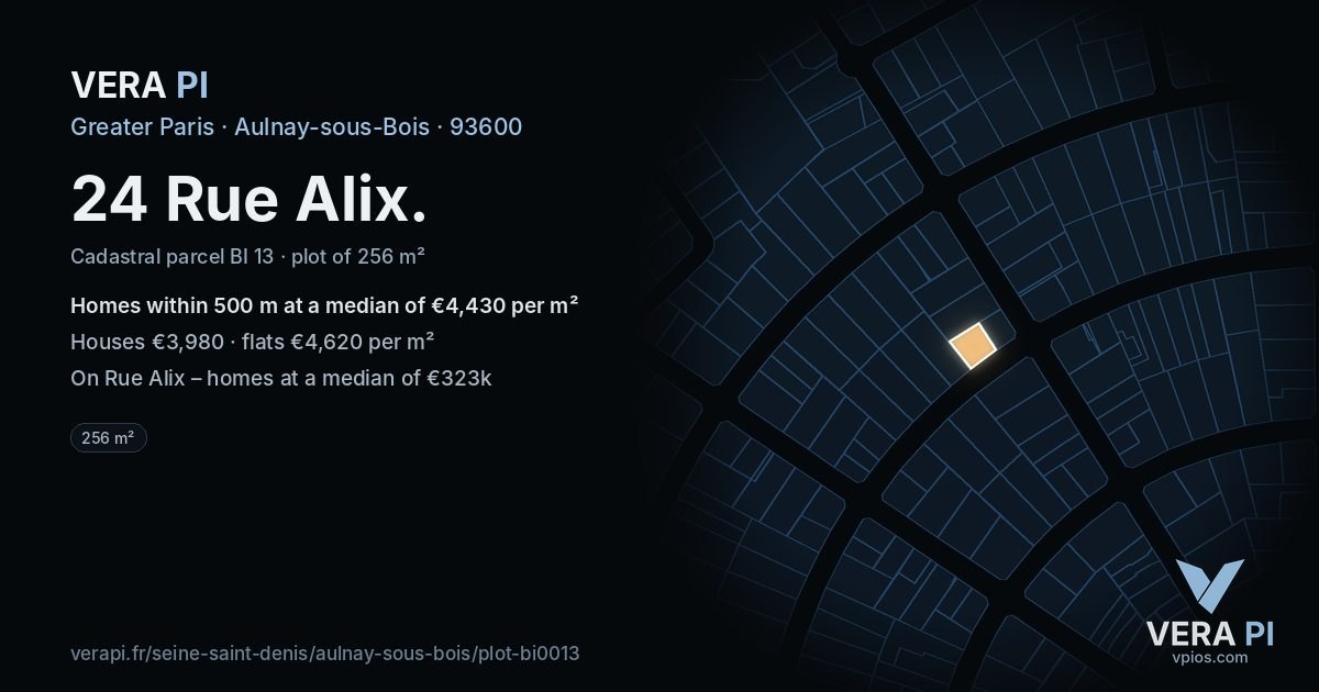 24 Rue Alix, Aulnay-sous-Bois at night – the plot lit, the parcels around coloured by the prices near them