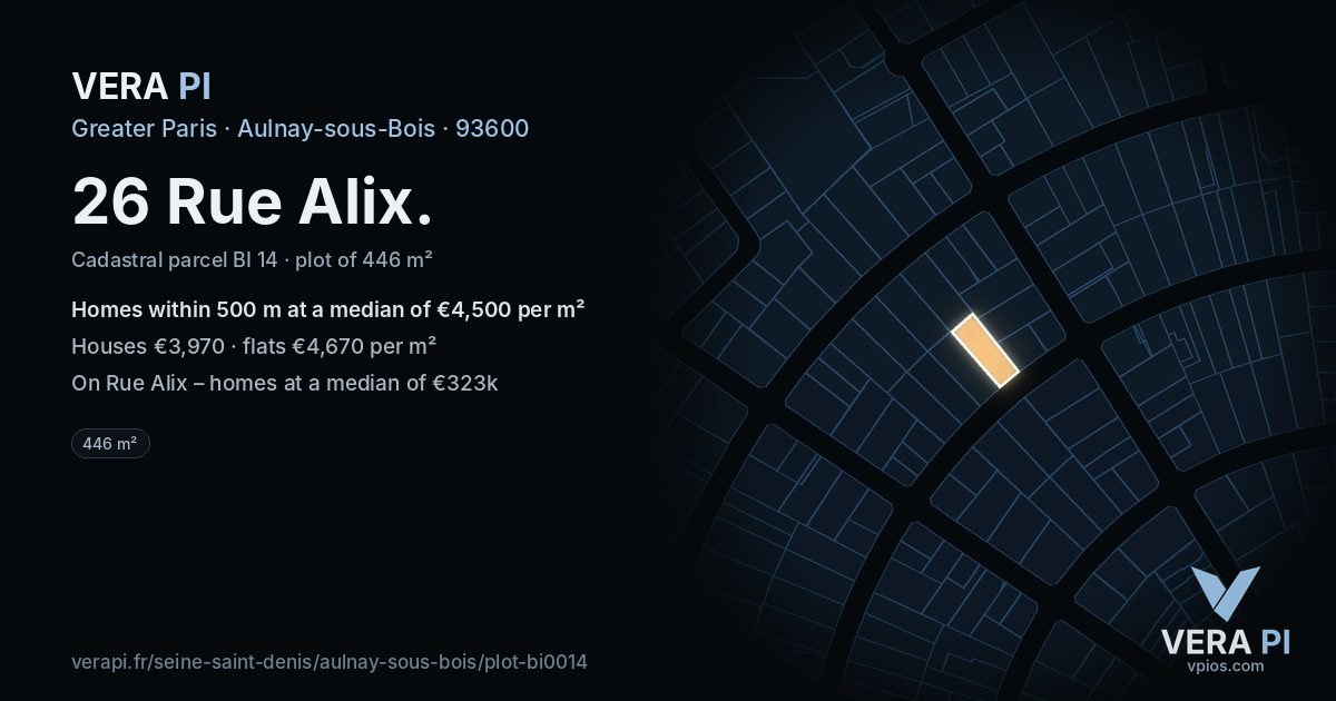 26 Rue Alix, Aulnay-sous-Bois at night – the plot lit, the parcels around coloured by the prices near them