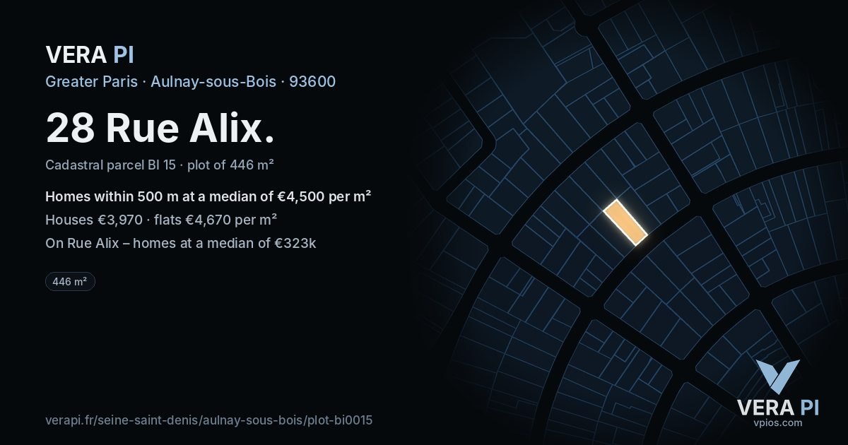 28 Rue Alix, Aulnay-sous-Bois at night – the plot lit, the parcels around coloured by the prices near them