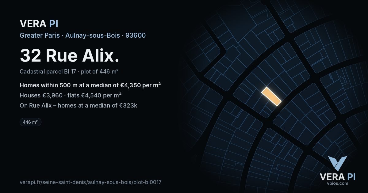 32 Rue Alix, Aulnay-sous-Bois at night – the plot lit, the parcels around coloured by the prices near them
