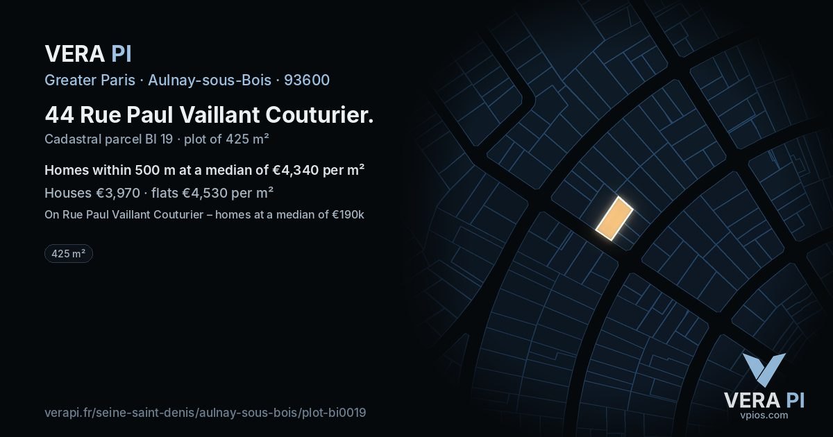 44 Rue Paul Vaillant Couturier, Aulnay-sous-Bois at night – the plot lit, the parcels around coloured by the prices near them