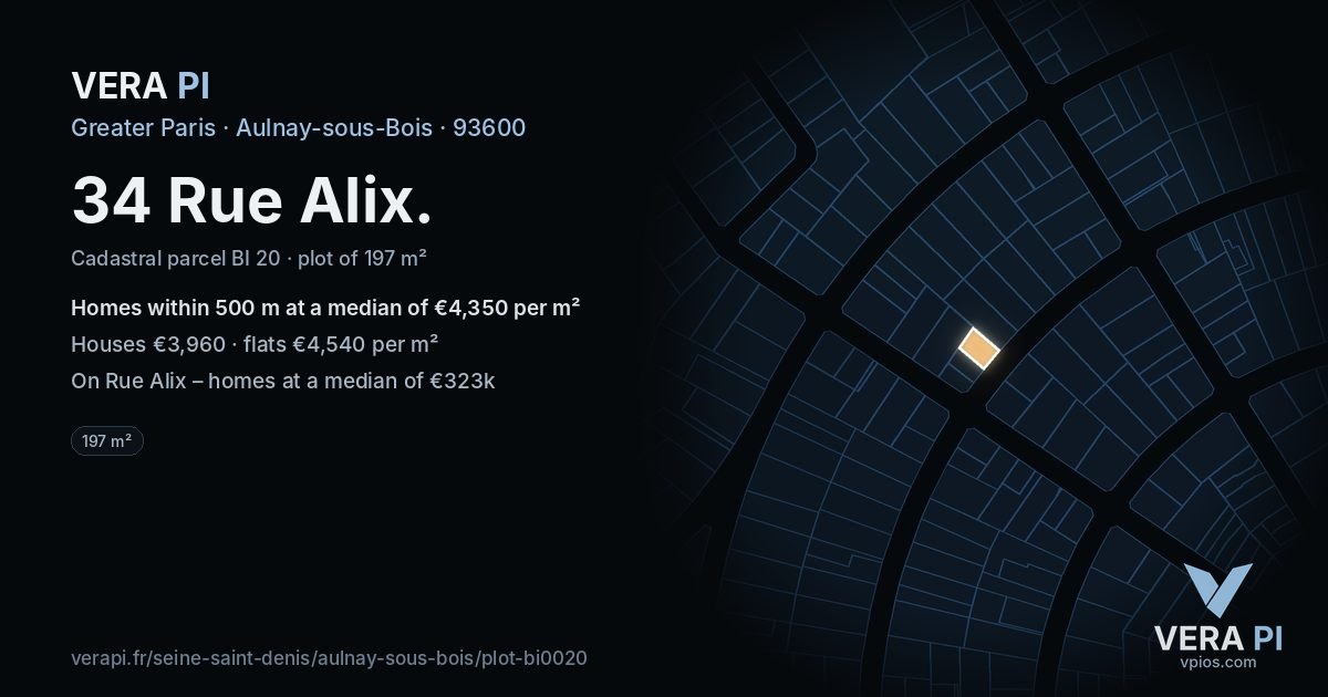 34 Rue Alix, Aulnay-sous-Bois at night – the plot lit, the parcels around coloured by the prices near them