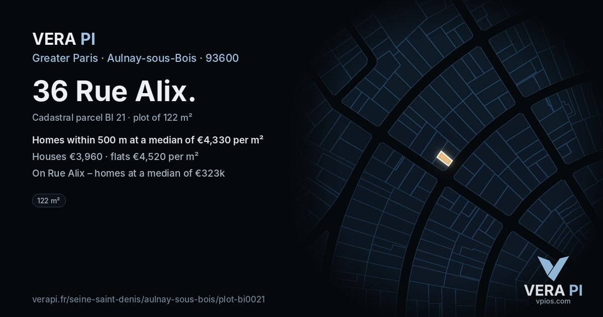 36 Rue Alix, Aulnay-sous-Bois at night – the plot lit, the parcels around coloured by the prices near them