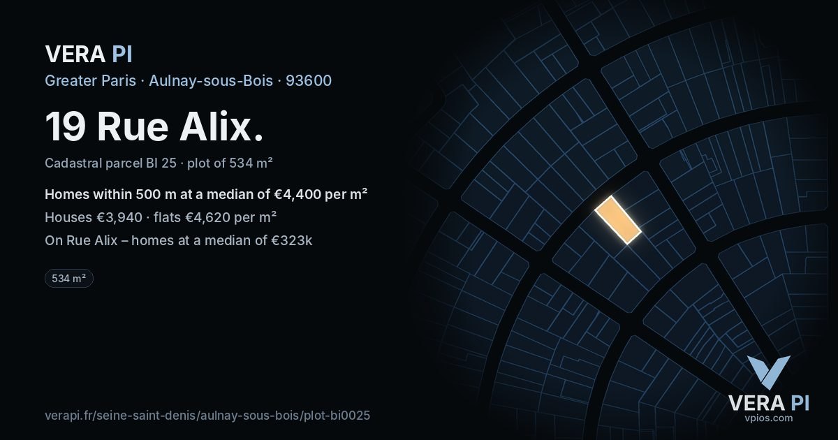 19 Rue Alix, Aulnay-sous-Bois at night – the plot lit, the parcels around coloured by the prices near them