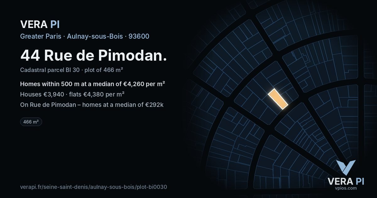 44 Rue de Pimodan, Aulnay-sous-Bois at night – the plot lit, the parcels around coloured by the prices near them