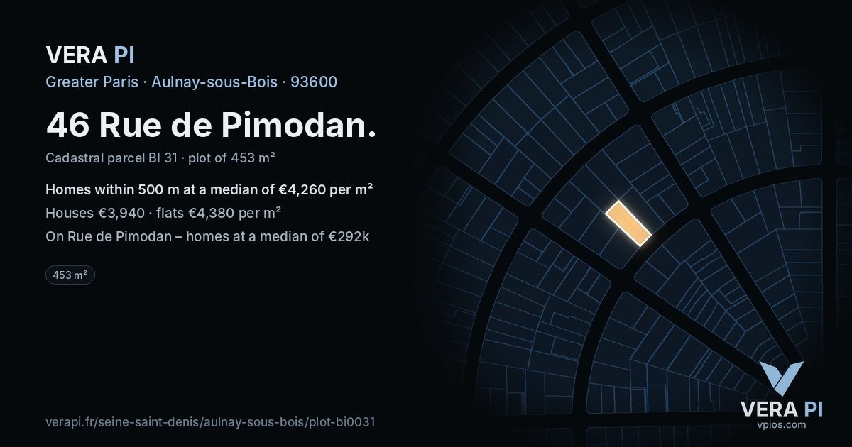 46 Rue de Pimodan, Aulnay-sous-Bois at night – the plot lit, the parcels around coloured by the prices near them