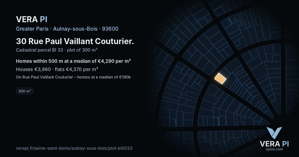 30 Rue Paul Vaillant Couturier, Aulnay-sous-Bois at night – the plot lit, the parcels around coloured by the prices near them