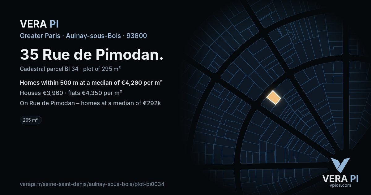 35 Rue de Pimodan, Aulnay-sous-Bois at night – the plot lit, the parcels around coloured by the prices near them