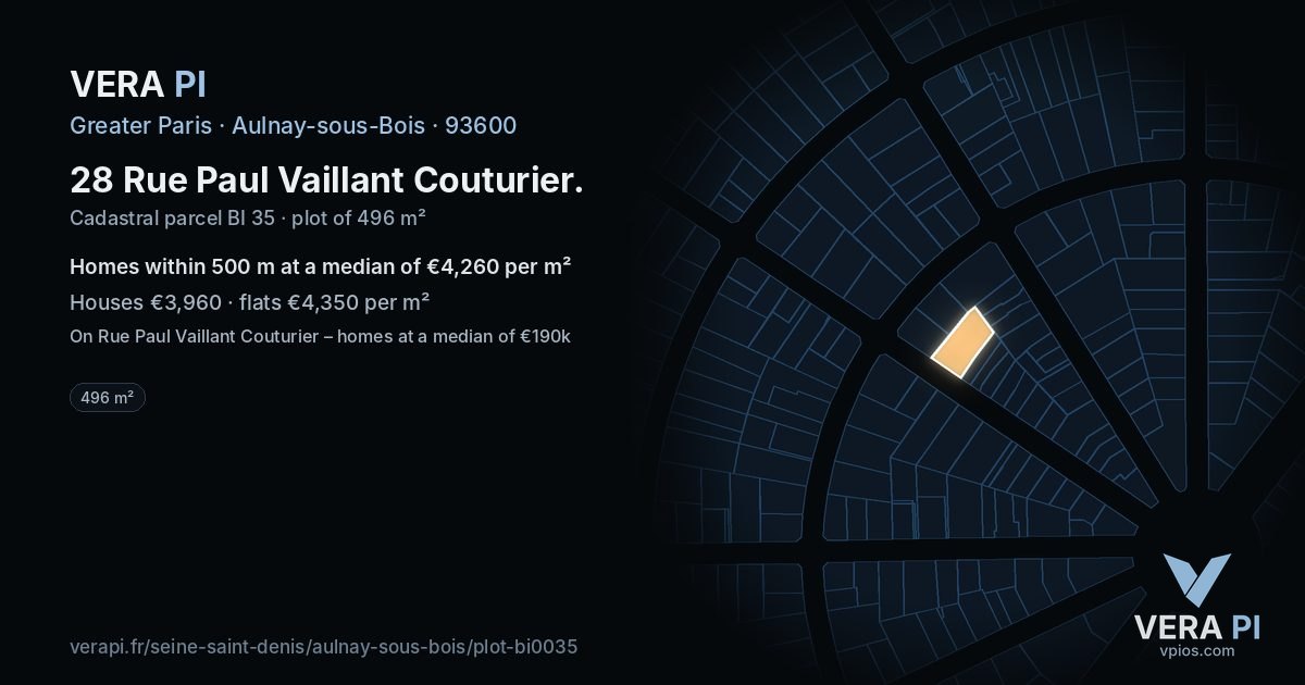 28 Rue Paul Vaillant Couturier, Aulnay-sous-Bois at night – the plot lit, the parcels around coloured by the prices near them