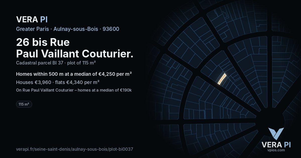 26 bis Rue Paul Vaillant Couturier, Aulnay-sous-Bois at night – the plot lit, the parcels around coloured by the prices near them
