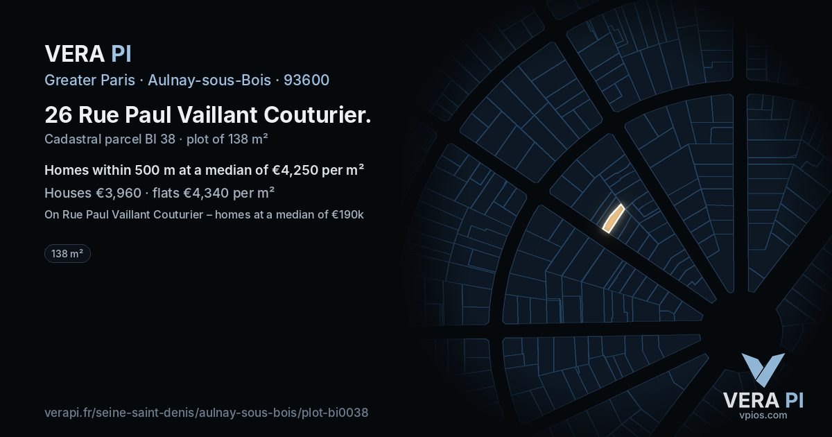 26 Rue Paul Vaillant Couturier, Aulnay-sous-Bois at night – the plot lit, the parcels around coloured by the prices near them