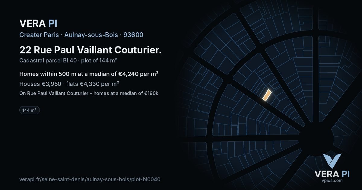 22 Rue Paul Vaillant Couturier, Aulnay-sous-Bois at night – the plot lit, the parcels around coloured by the prices near them