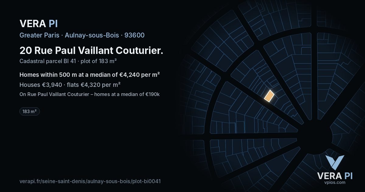 20 Rue Paul Vaillant Couturier, Aulnay-sous-Bois at night – the plot lit, the parcels around coloured by the prices near them