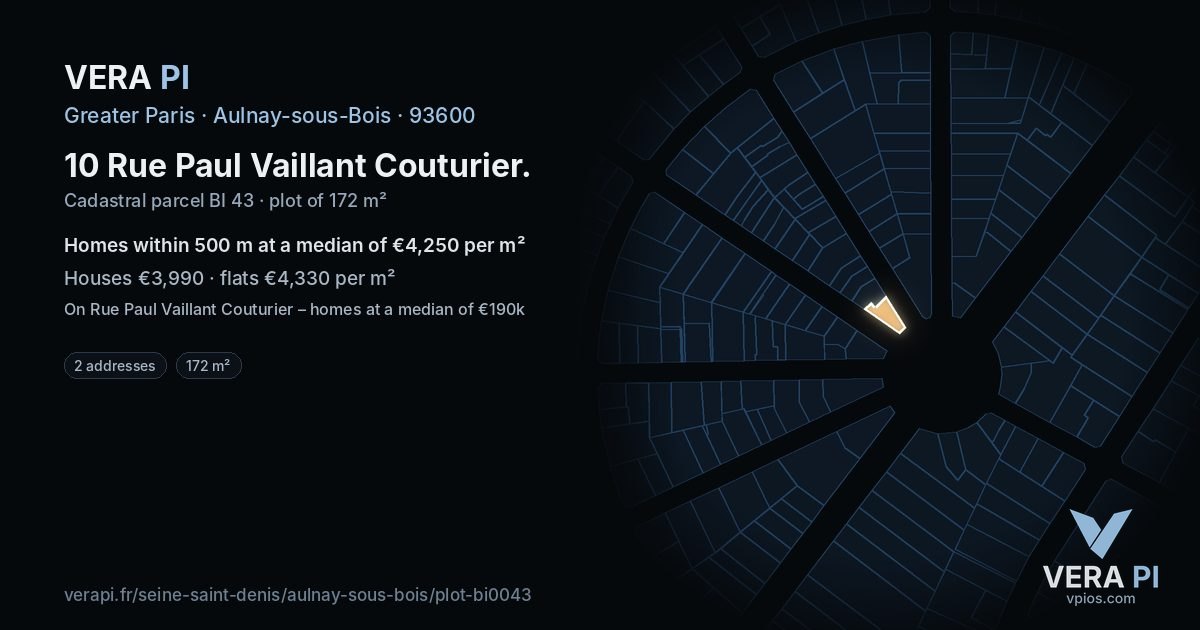 10 Rue Paul Vaillant Couturier, Aulnay-sous-Bois at night – the plot lit, the parcels around coloured by the prices near them