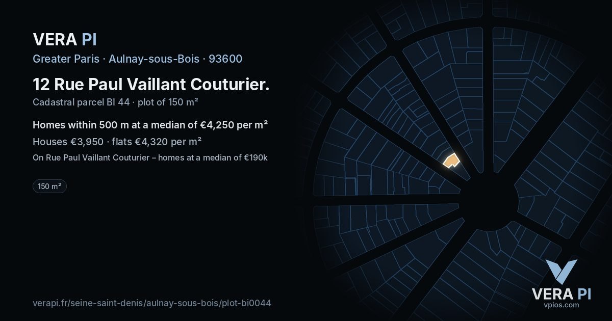 12 Rue Paul Vaillant Couturier, Aulnay-sous-Bois at night – the plot lit, the parcels around coloured by the prices near them