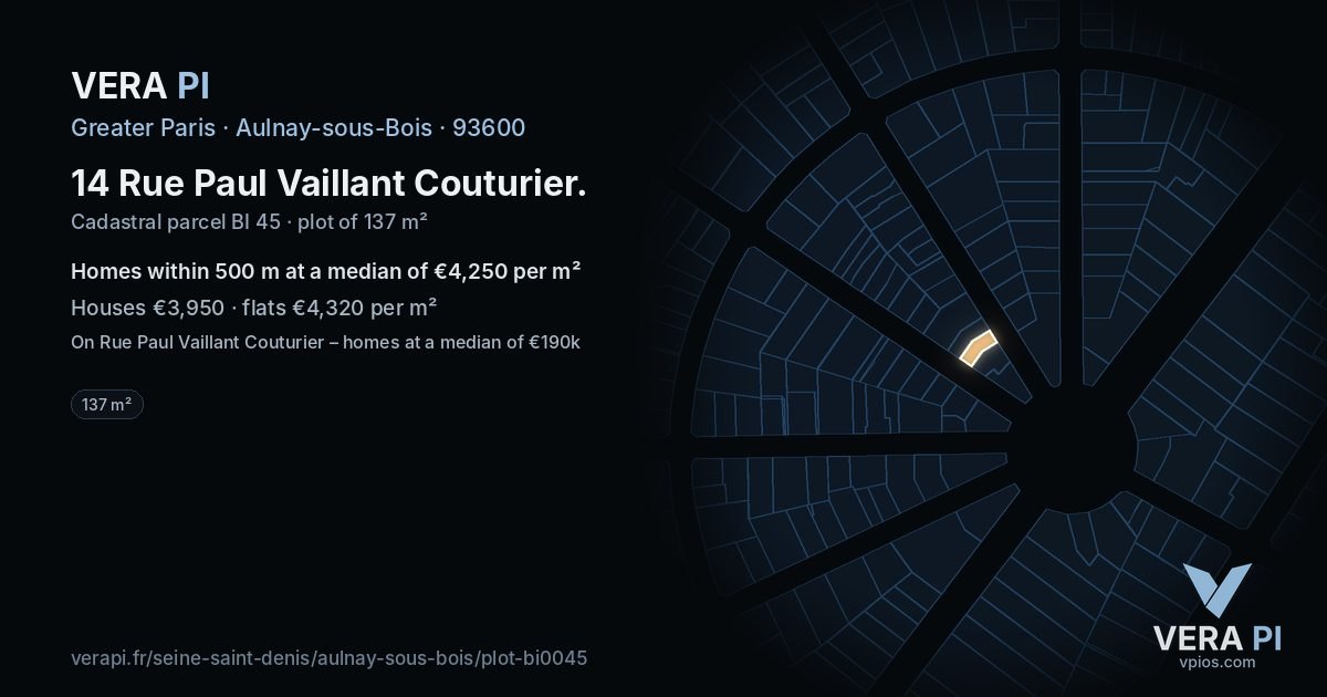 14 Rue Paul Vaillant Couturier, Aulnay-sous-Bois at night – the plot lit, the parcels around coloured by the prices near them