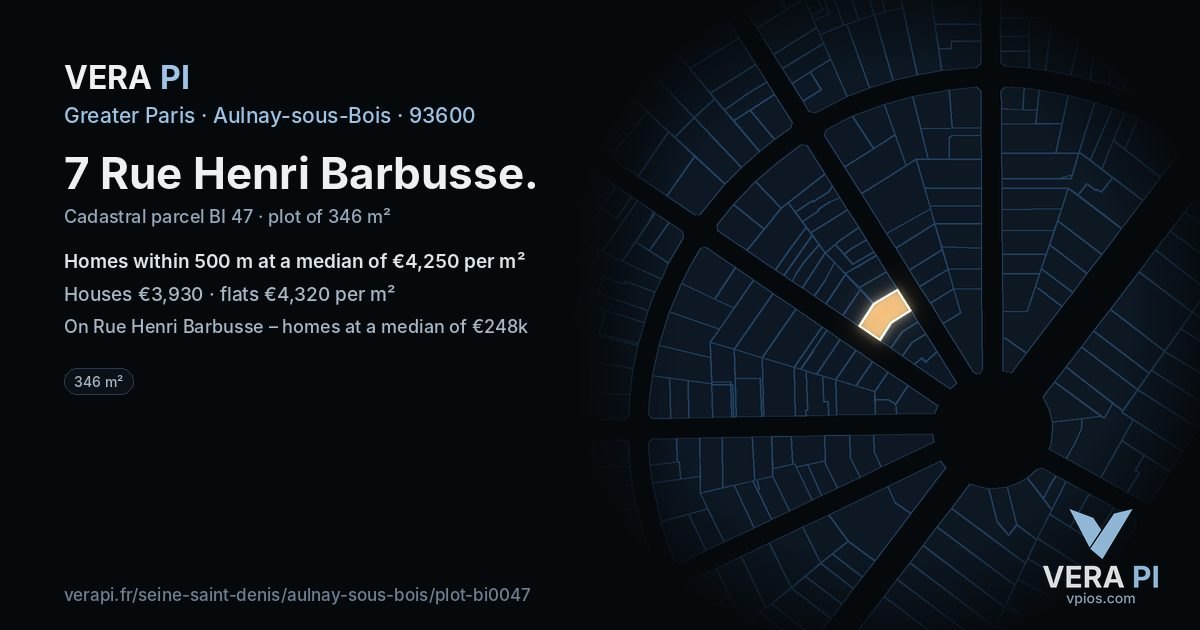7 Rue Henri Barbusse, Aulnay-sous-Bois at night – the plot lit, the parcels around coloured by the prices near them