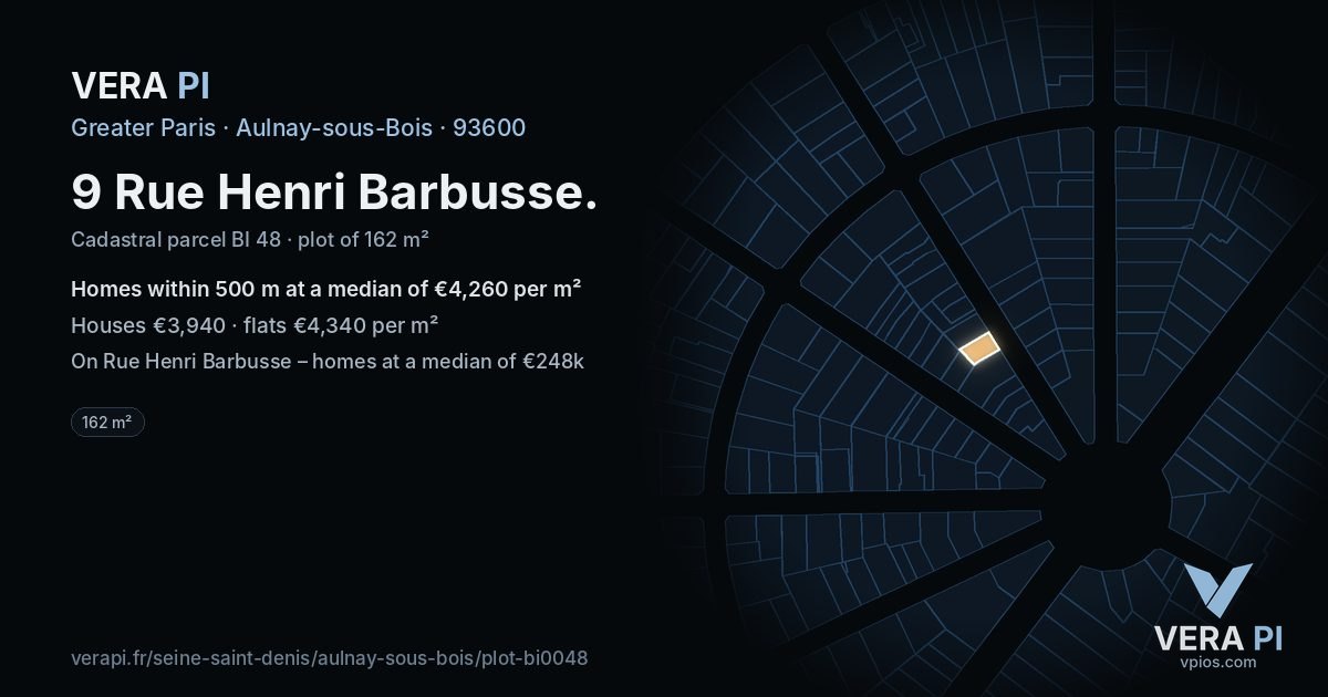 9 Rue Henri Barbusse, Aulnay-sous-Bois at night – the plot lit, the parcels around coloured by the prices near them