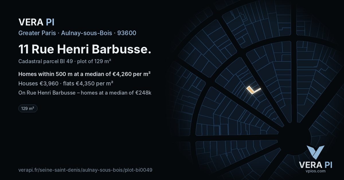 11 Rue Henri Barbusse, Aulnay-sous-Bois at night – the plot lit, the parcels around coloured by the prices near them