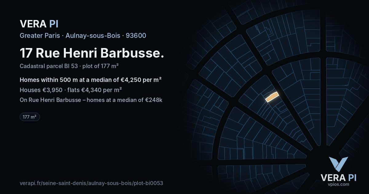 17 Rue Henri Barbusse, Aulnay-sous-Bois at night – the plot lit, the parcels around coloured by the prices near them