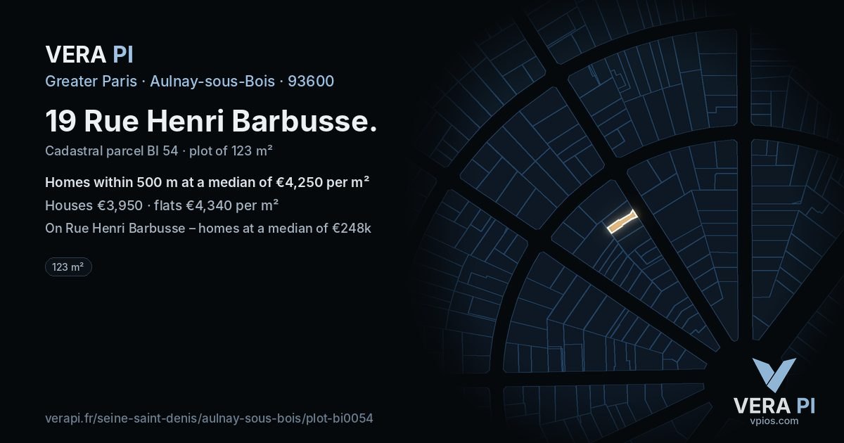 19 Rue Henri Barbusse, Aulnay-sous-Bois at night – the plot lit, the parcels around coloured by the prices near them