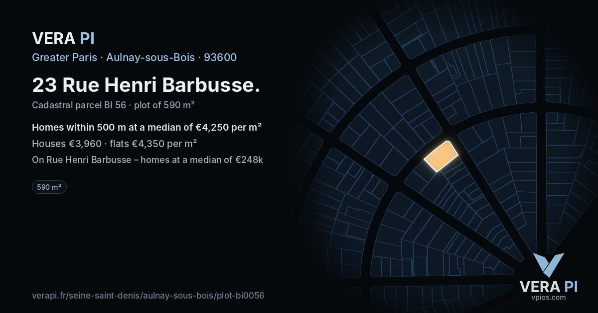 23 Rue Henri Barbusse, Aulnay-sous-Bois at night – the plot lit, the parcels around coloured by the prices near them