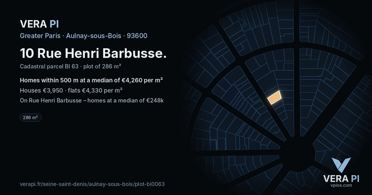 10 Rue Henri Barbusse, Aulnay-sous-Bois at night – the plot lit, the parcels around coloured by the prices near them