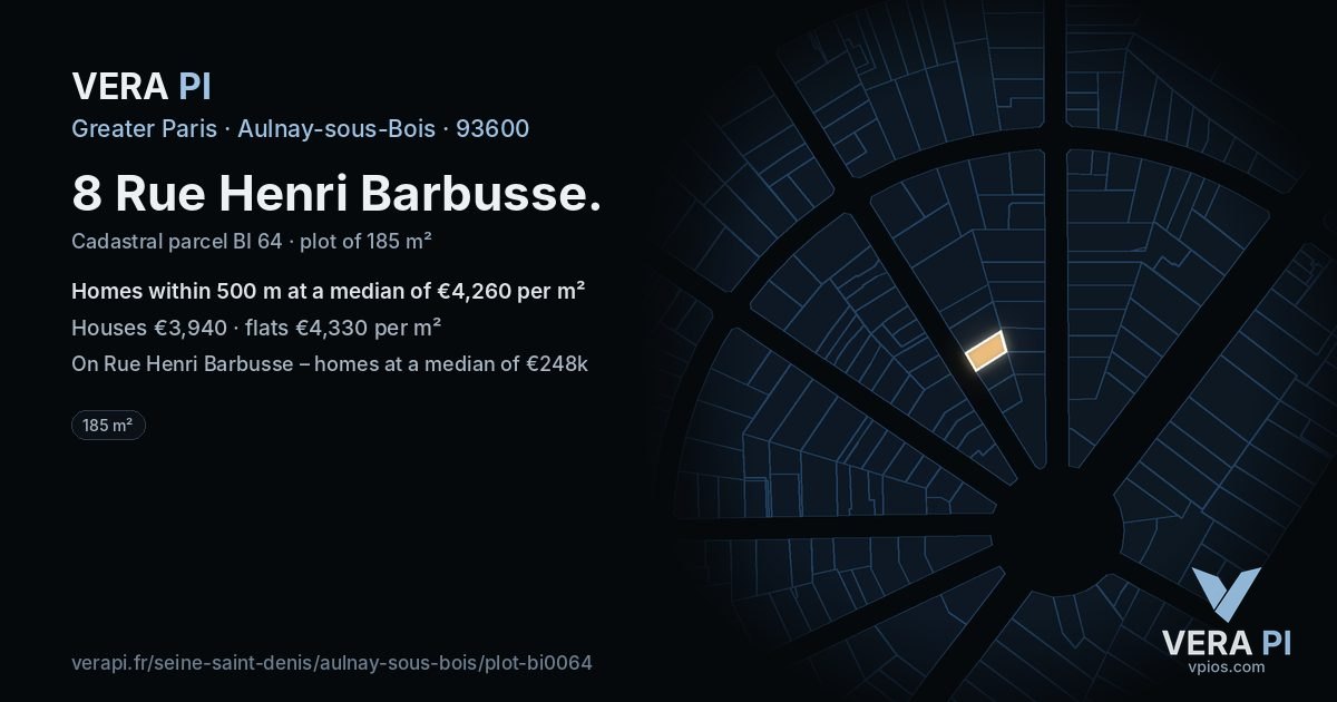 8 Rue Henri Barbusse, Aulnay-sous-Bois at night – the plot lit, the parcels around coloured by the prices near them