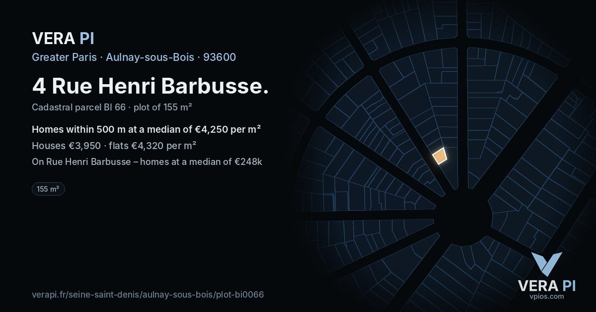 4 Rue Henri Barbusse, Aulnay-sous-Bois at night – the plot lit, the parcels around coloured by the prices near them