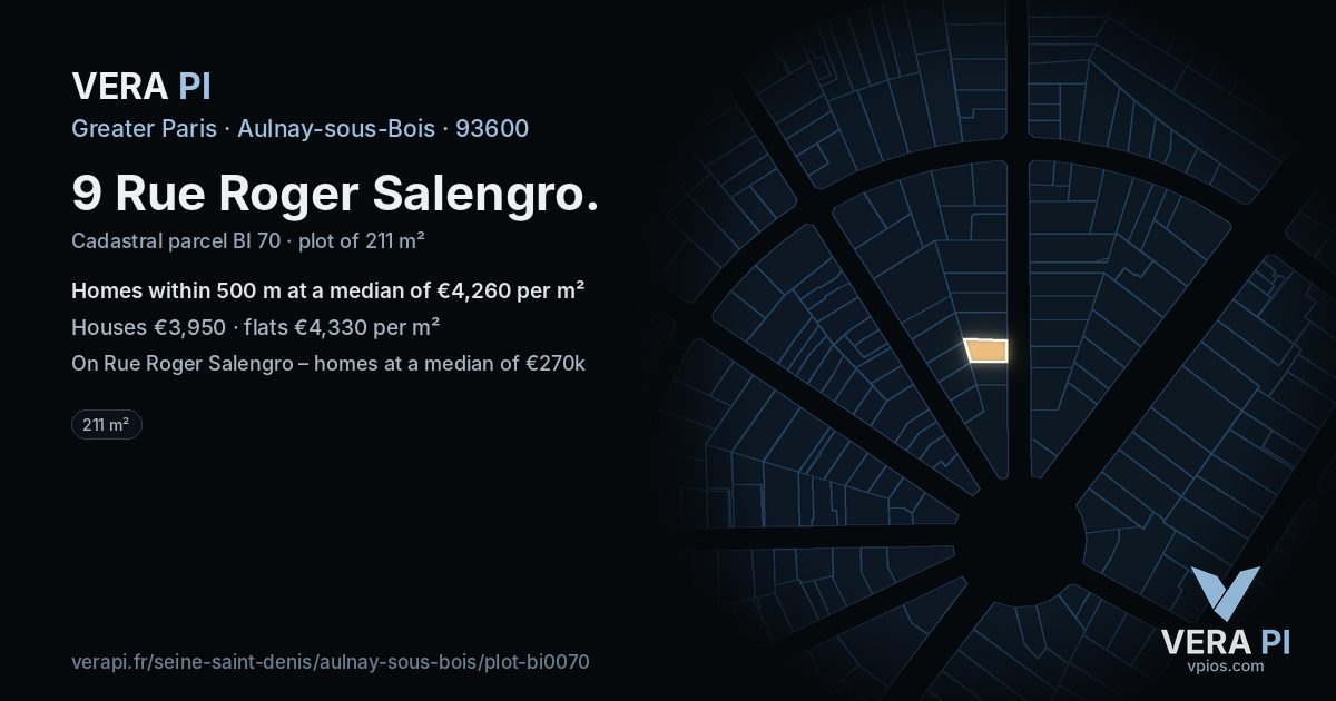 9 Rue Roger Salengro, Aulnay-sous-Bois at night – the plot lit, the parcels around coloured by the prices near them