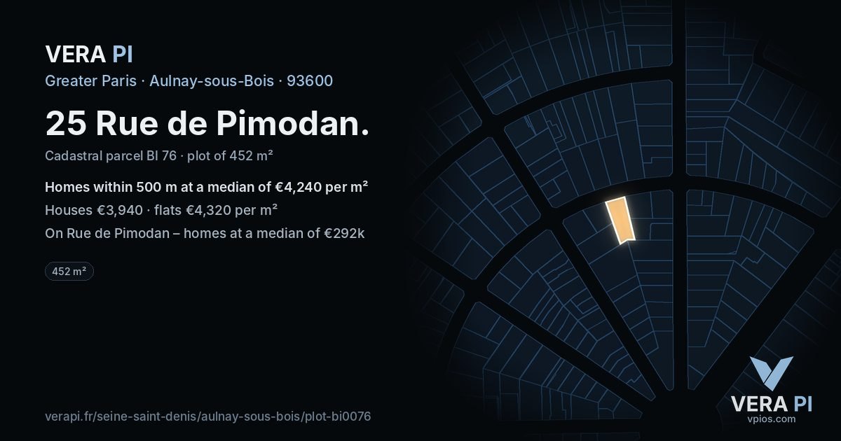 25 Rue de Pimodan, Aulnay-sous-Bois at night – the plot lit, the parcels around coloured by the prices near them