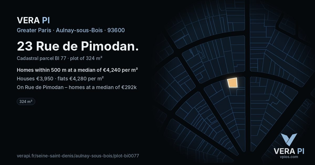 23 Rue de Pimodan, Aulnay-sous-Bois at night – the plot lit, the parcels around coloured by the prices near them