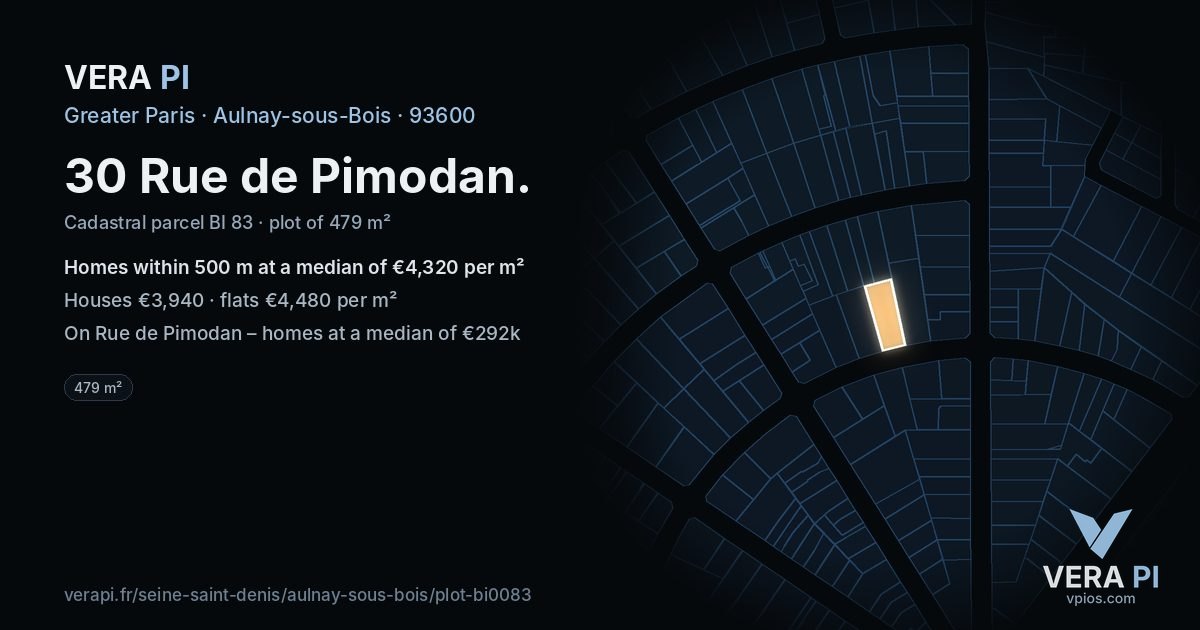 30 Rue de Pimodan, Aulnay-sous-Bois at night – the plot lit, the parcels around coloured by the prices near them