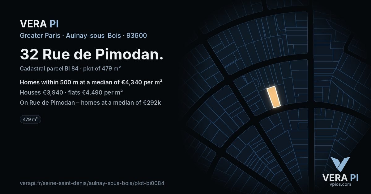 32 Rue de Pimodan, Aulnay-sous-Bois at night – the plot lit, the parcels around coloured by the prices near them