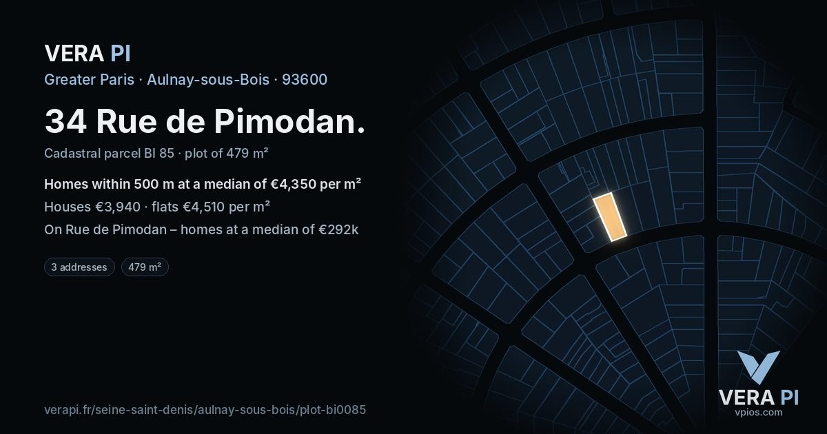 34 Rue de Pimodan, Aulnay-sous-Bois at night – the plot lit, the parcels around coloured by the prices near them