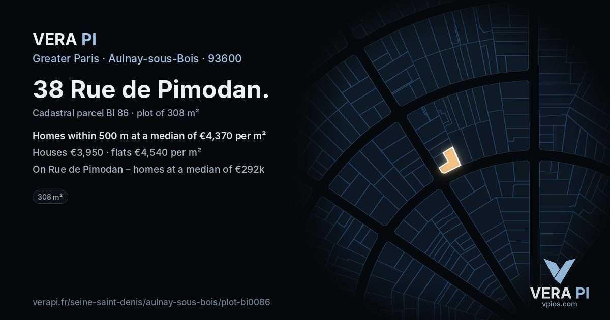 38 Rue de Pimodan, Aulnay-sous-Bois at night – the plot lit, the parcels around coloured by the prices near them