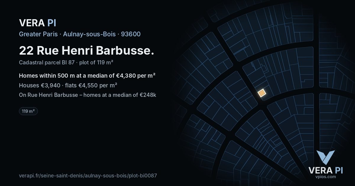 22 Rue Henri Barbusse, Aulnay-sous-Bois at night – the plot lit, the parcels around coloured by the prices near them