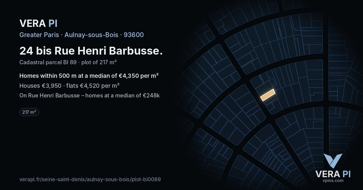 24 bis Rue Henri Barbusse, Aulnay-sous-Bois at night – the plot lit, the parcels around coloured by the prices near them