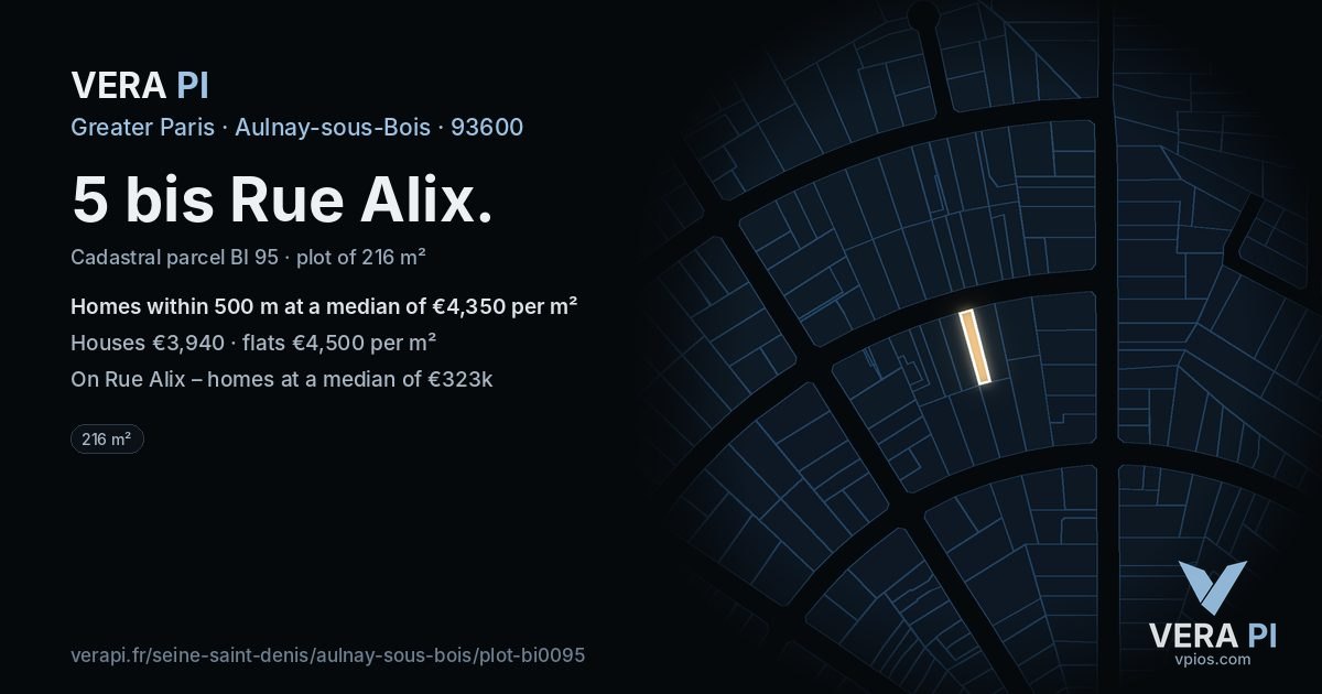 5 bis Rue Alix, Aulnay-sous-Bois at night – the plot lit, the parcels around coloured by the prices near them