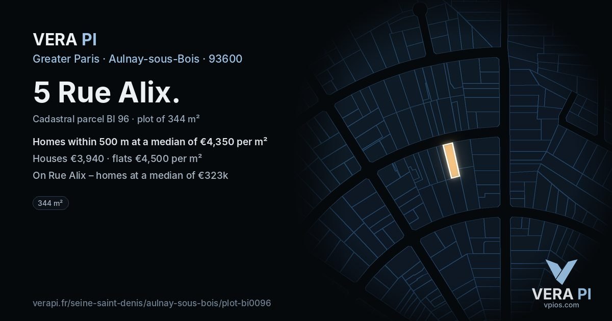 5 Rue Alix, Aulnay-sous-Bois at night – the plot lit, the parcels around coloured by the prices near them