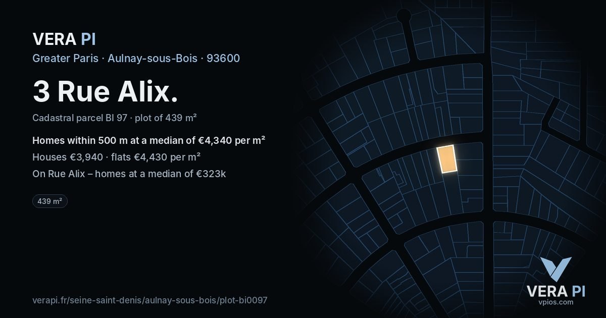 3 Rue Alix, Aulnay-sous-Bois at night – the plot lit, the parcels around coloured by the prices near them