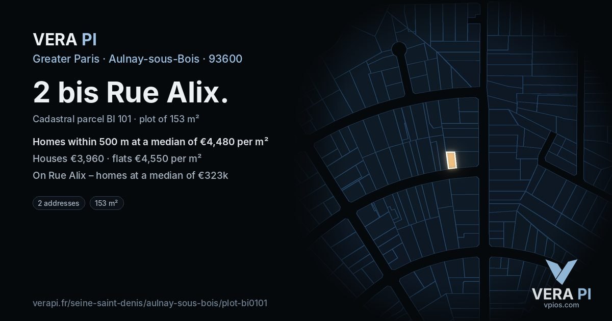 2 bis Rue Alix, Aulnay-sous-Bois at night – the plot lit, the parcels around coloured by the prices near them