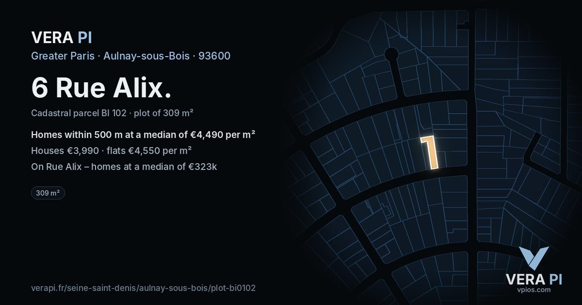 6 Rue Alix, Aulnay-sous-Bois at night – the plot lit, the parcels around coloured by the prices near them