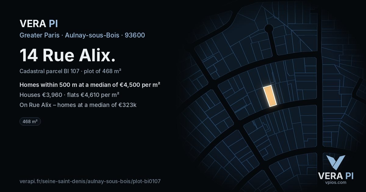 14 Rue Alix, Aulnay-sous-Bois at night – the plot lit, the parcels around coloured by the prices near them