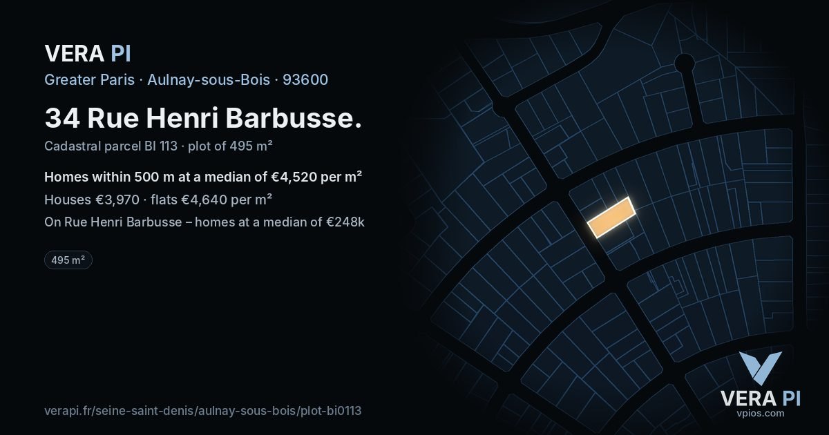 34 Rue Henri Barbusse, Aulnay-sous-Bois at night – the plot lit, the parcels around coloured by the prices near them