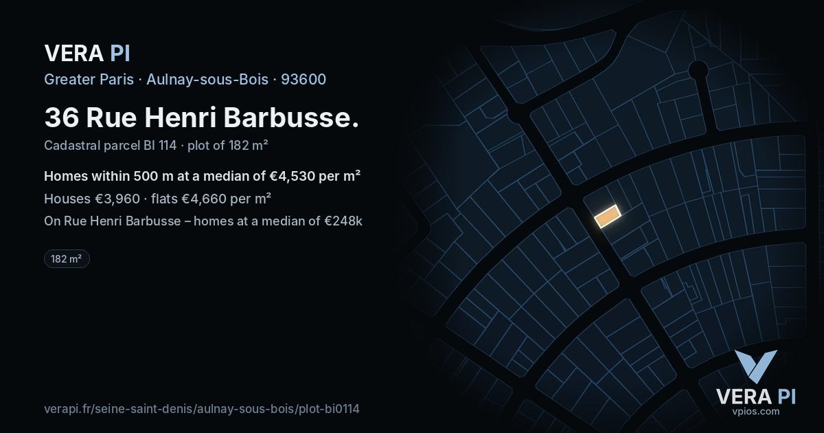 36 Rue Henri Barbusse, Aulnay-sous-Bois at night – the plot lit, the parcels around coloured by the prices near them
