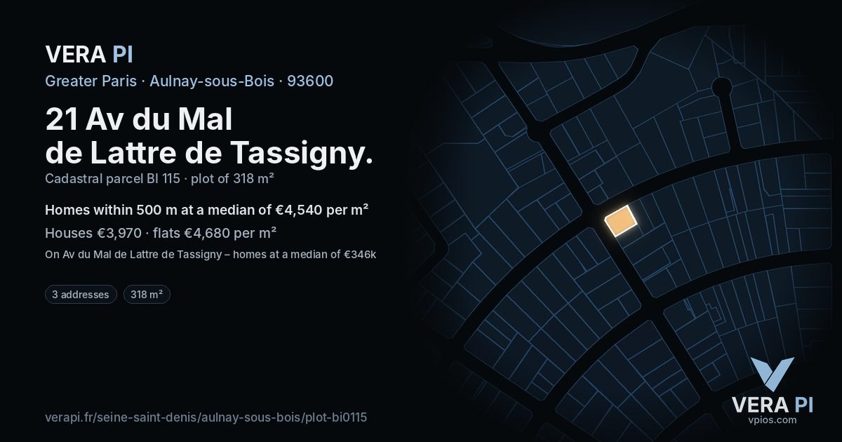 21 Av du Mal de Lattre de Tassigny, Aulnay-sous-Bois at night – the plot lit, the parcels around coloured by the prices near them