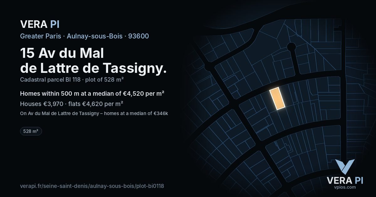 15 Av du Mal de Lattre de Tassigny, Aulnay-sous-Bois at night – the plot lit, the parcels around coloured by the prices near them