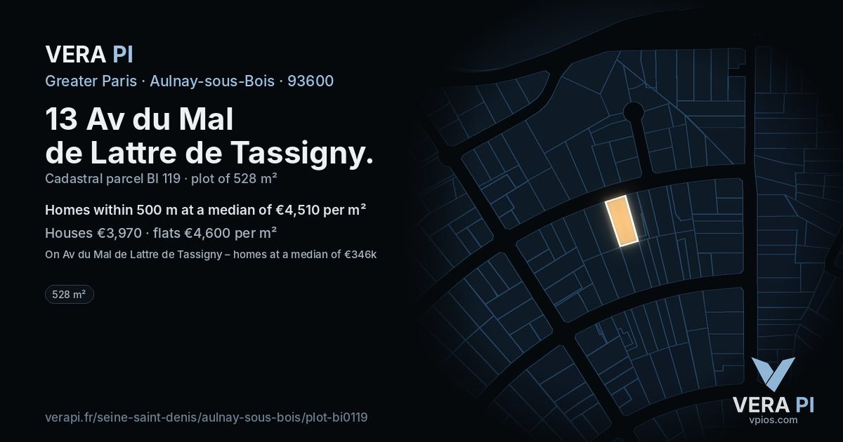 13 Av du Mal de Lattre de Tassigny, Aulnay-sous-Bois at night – the plot lit, the parcels around coloured by the prices near them