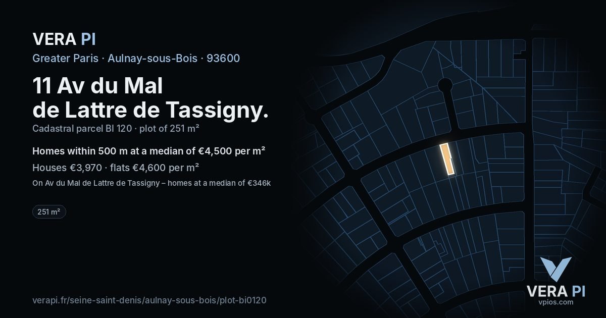 11 Av du Mal de Lattre de Tassigny, Aulnay-sous-Bois at night – the plot lit, the parcels around coloured by the prices near them